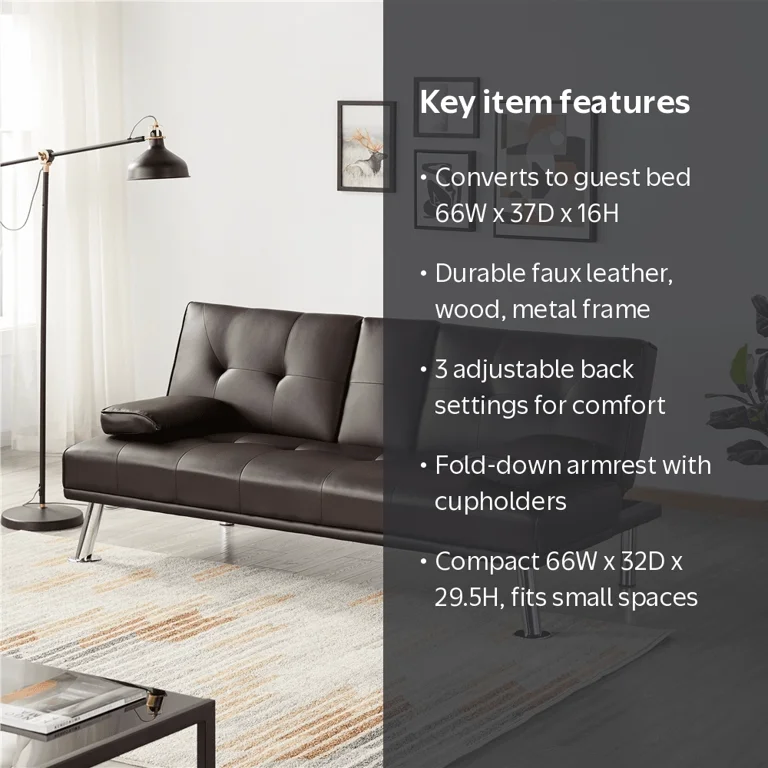 Renwick LuxuryGoods Modern Faux Leather Futon with Cupholders and