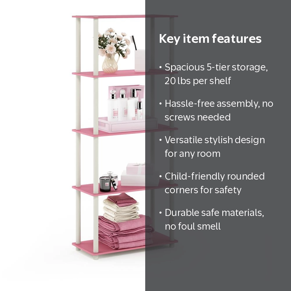 Furinno, Turn-N-Tube 5-Tier Multipurpose Shelf, Pink/White