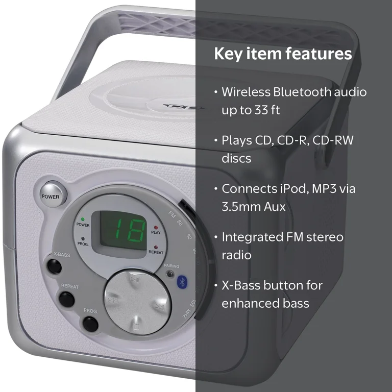 Jensen, Bluetooth CD-R CD-RW Radio Boombox, CD-555A, Silver