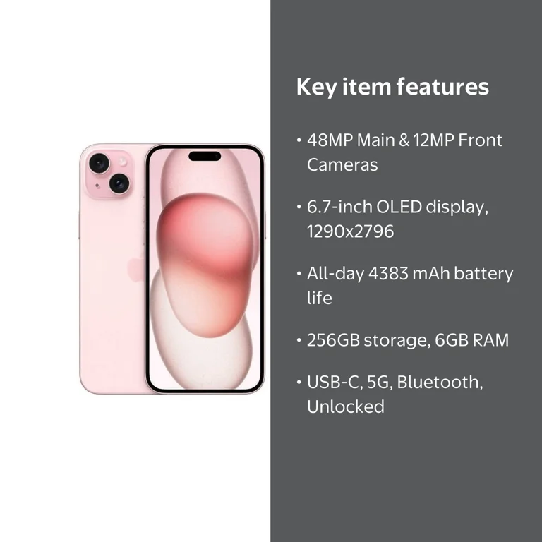Apple Restored iPhone 15 Plus, 256 GB Pink, Fully Unlocked