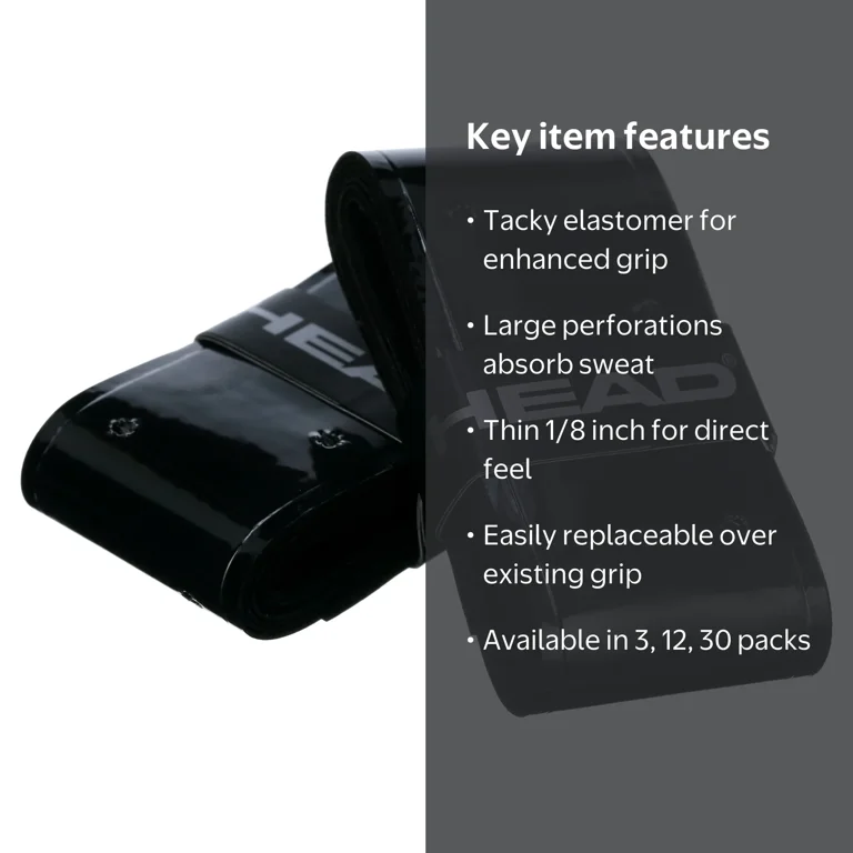 HEAD, Tennis Overgrip, 12 Pack, Black, Extra Large Perforations