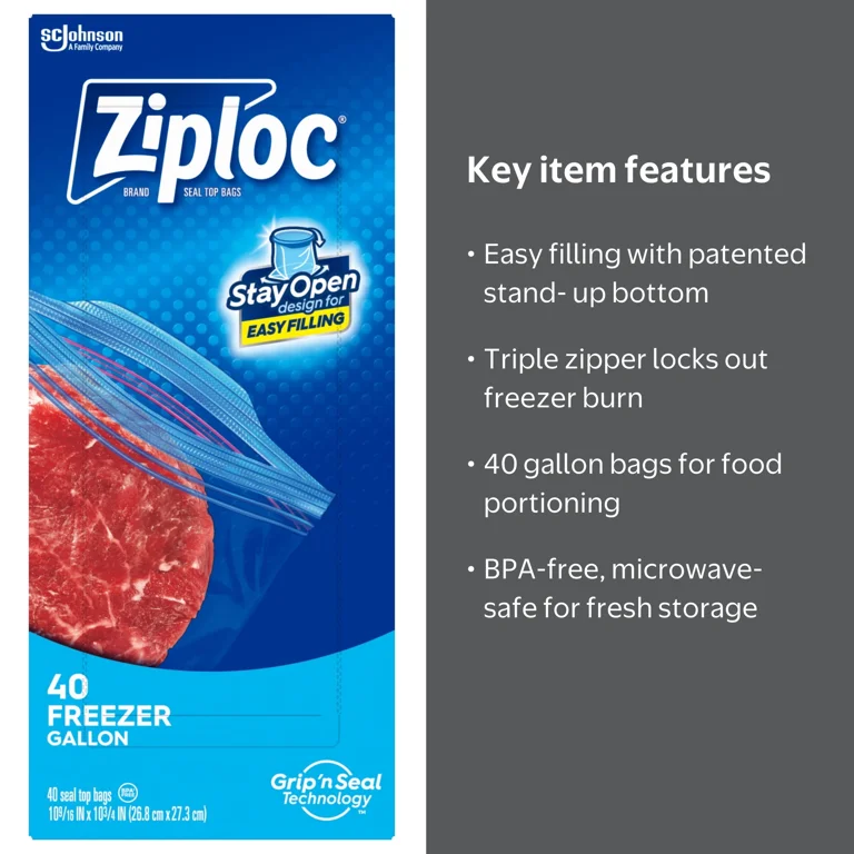 Ziploc, Freezer Food Storage Bags, Gallon, Grip 'n Seal Technology