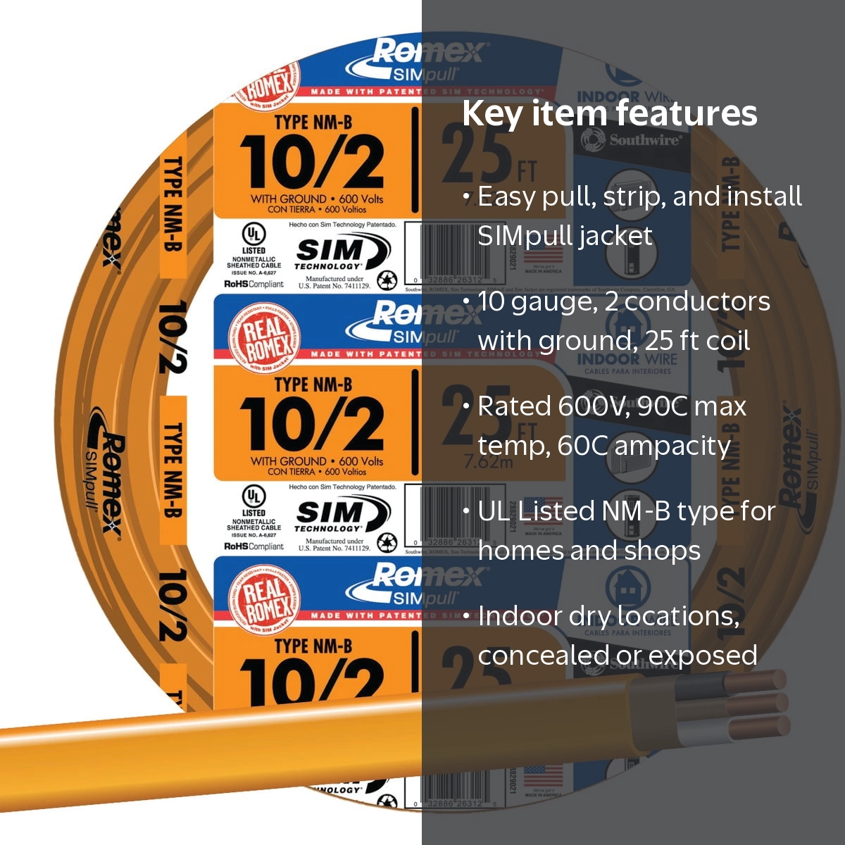Southwire, Electrical Wires, 25' 10/2 with ground, Orange