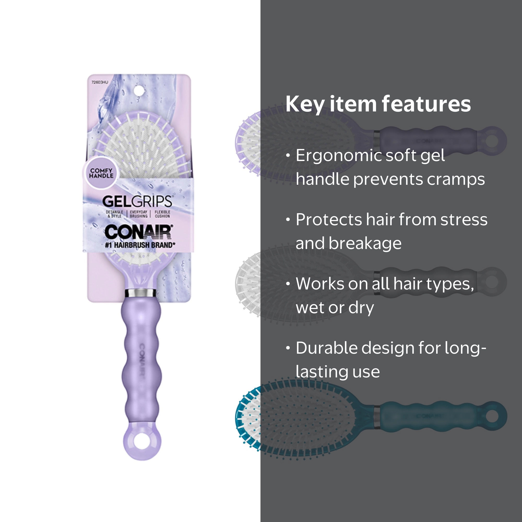 Conair Gel Grip Flexible Paddle Brush, Nylon Bristle, Cushion