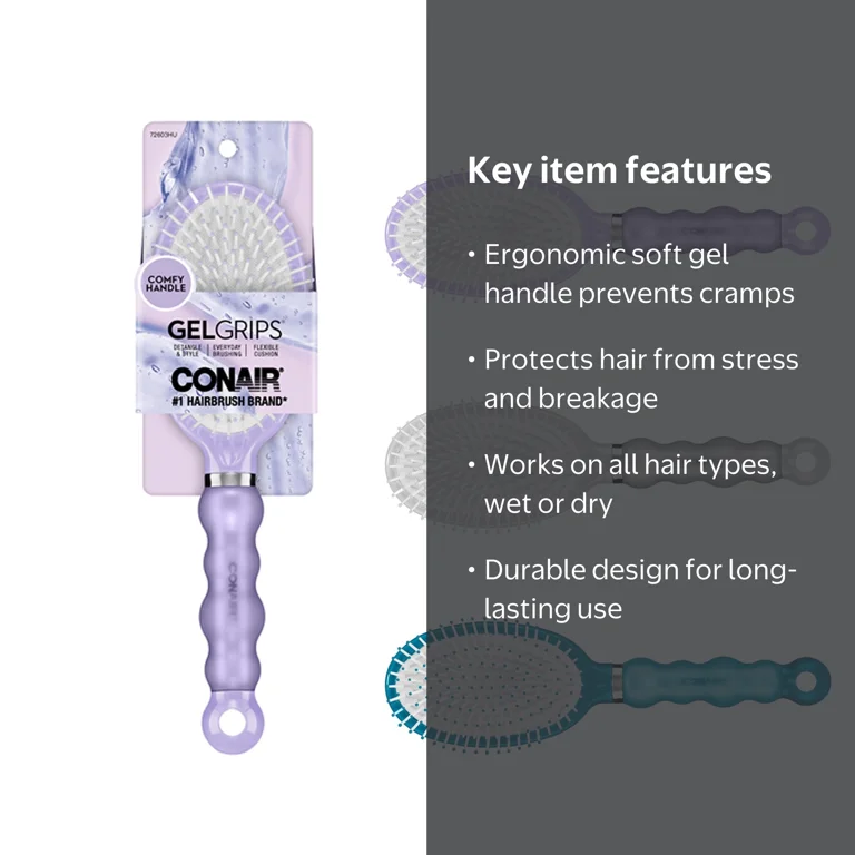 Conair Gel Grip Flexible Paddle Brush, Nylon Bristle, Cushion