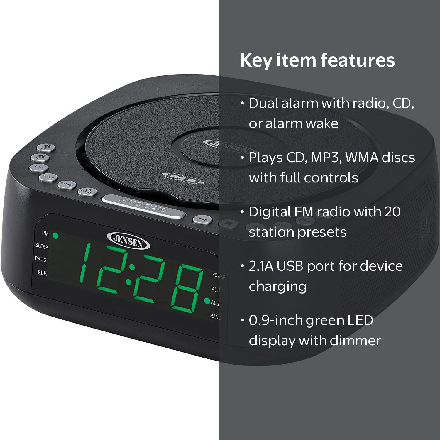 Jensen, Audio CD Player, Dual Alarm Clock, FM Radio, USB Charging