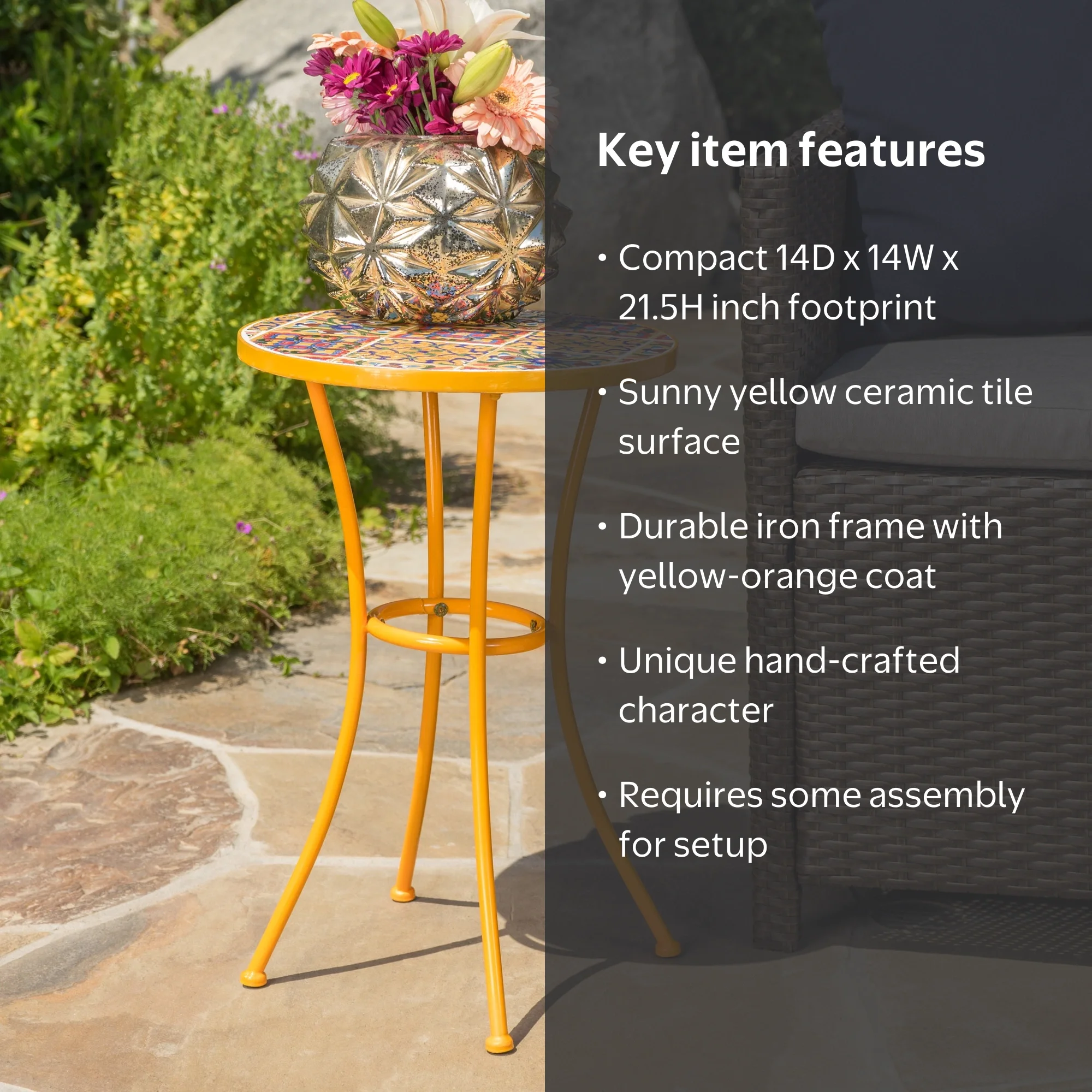 Jana Outdoor Ceramic Tile Side Table with Iron Frame, Yellow