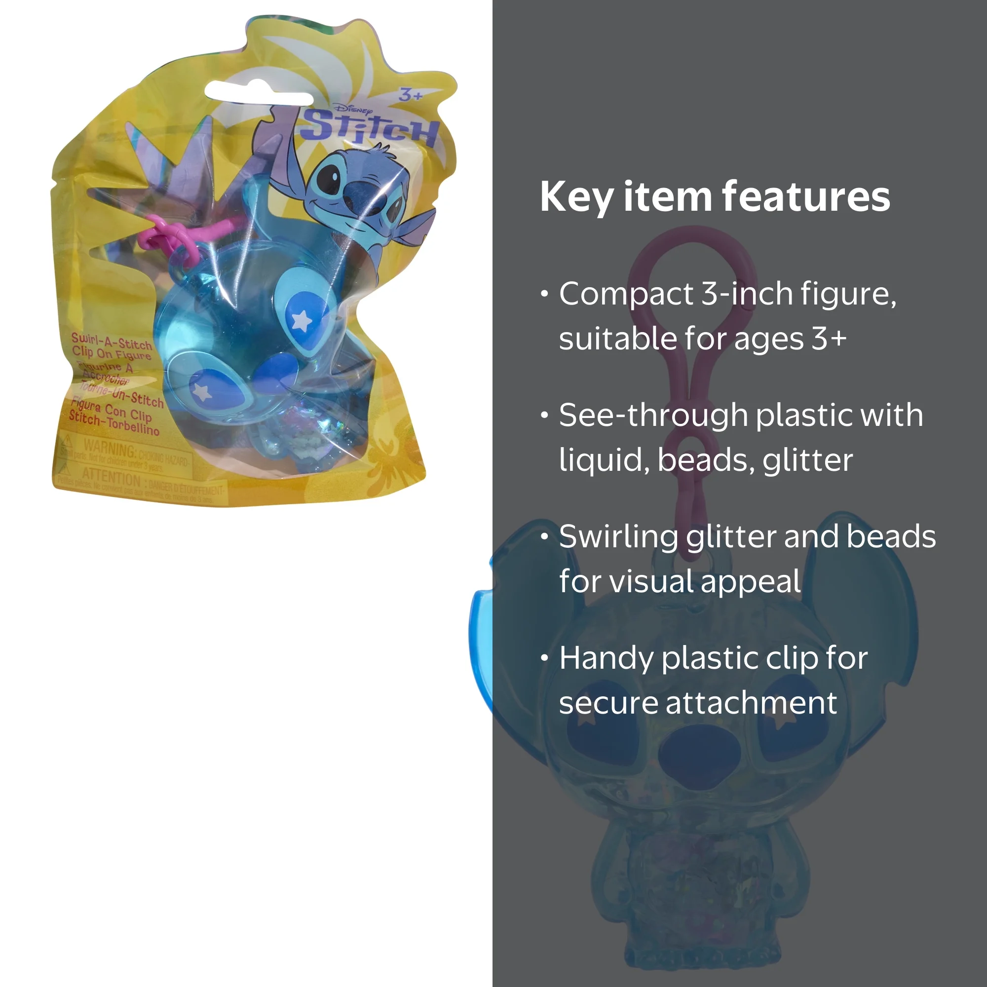 Disney Stitch Swirl-a-Stitch Clip-on 3-inch Figure for Kids Ages 3
