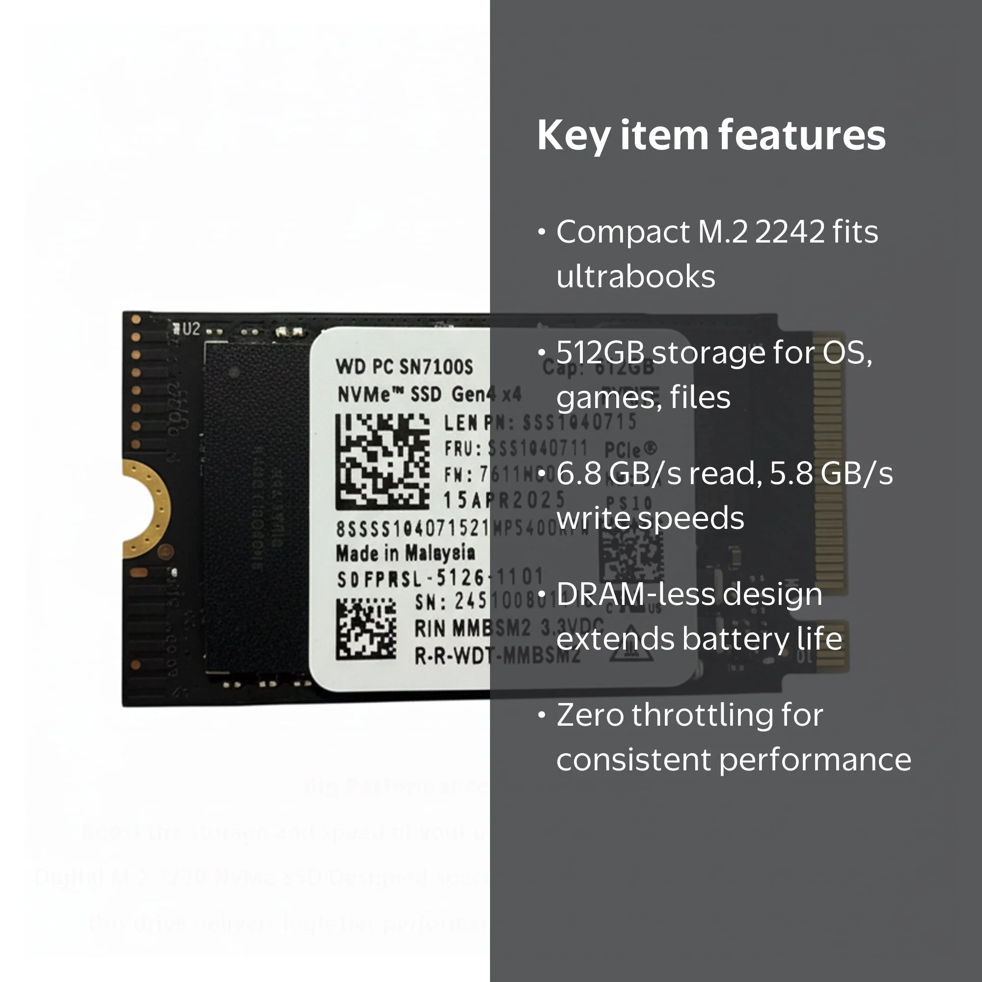 Western Digital, PC SN7100S NVMe SSD, 512GB, Gen 4x4, M.2 2242