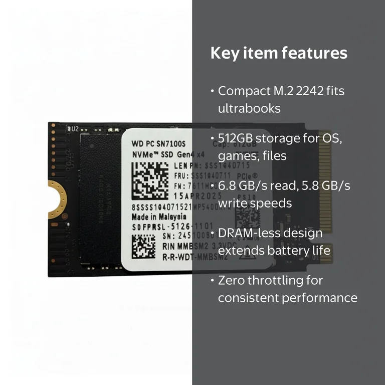 Western Digital, PC SN7100S NVMe SSD, 512GB, Gen 4x4, M.2 2242