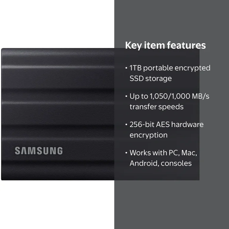 Samsung 1TB T7 Portable Rugged SSD, External Storage Memory, Black