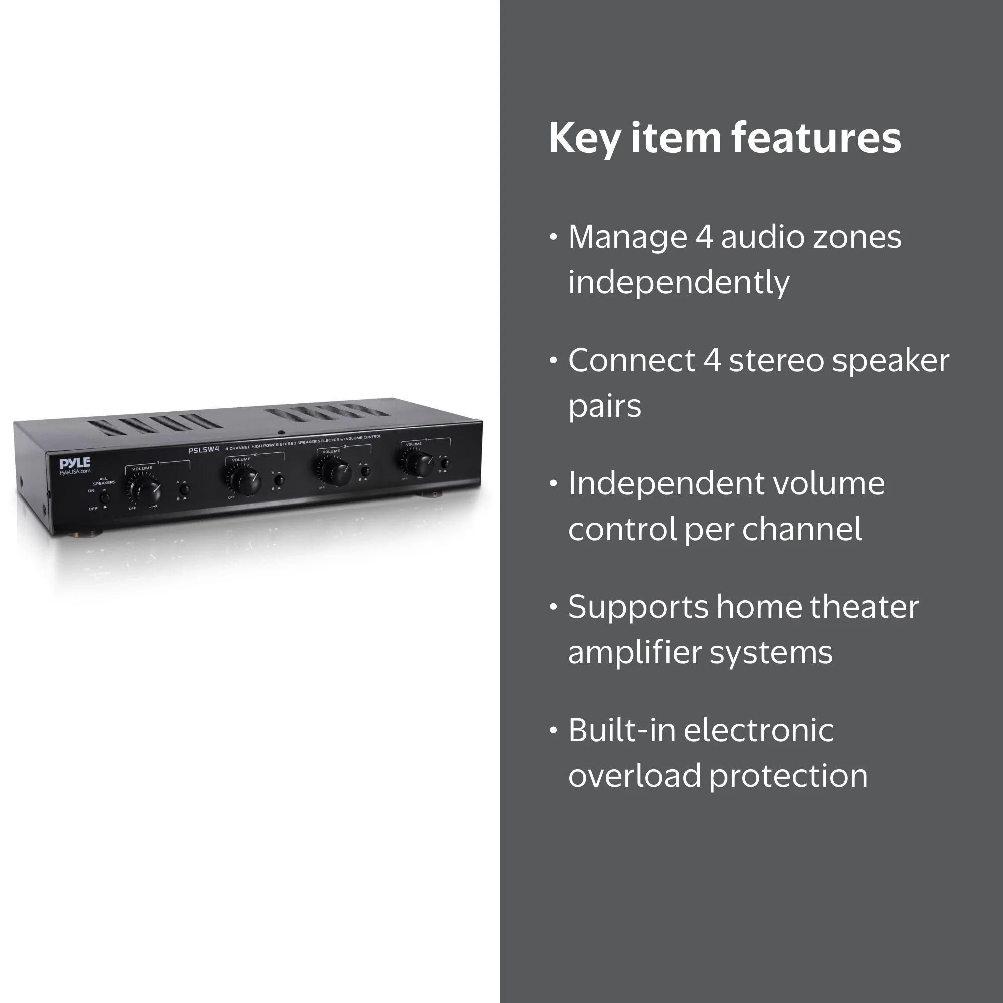 Pyle, Multi-Zone Speaker Selector, PSLSW4, 4-Channel Stereo