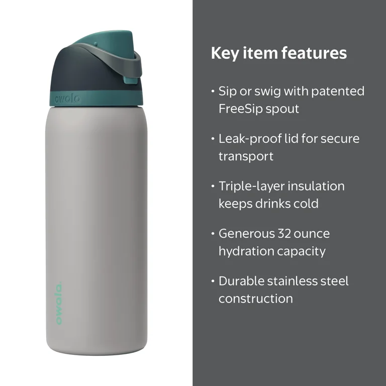 Owala FreeSip Stainless Steel Water Bottle, 32oz, Gray Whale
