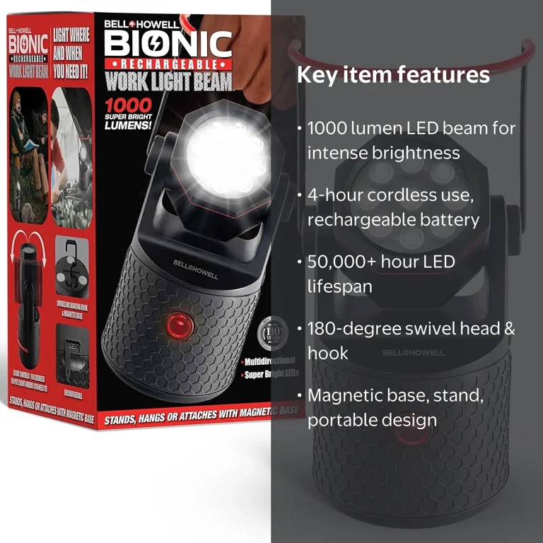 Bell + Howell Rechargeable Work Light, 2 in 1 LED Flashlight and