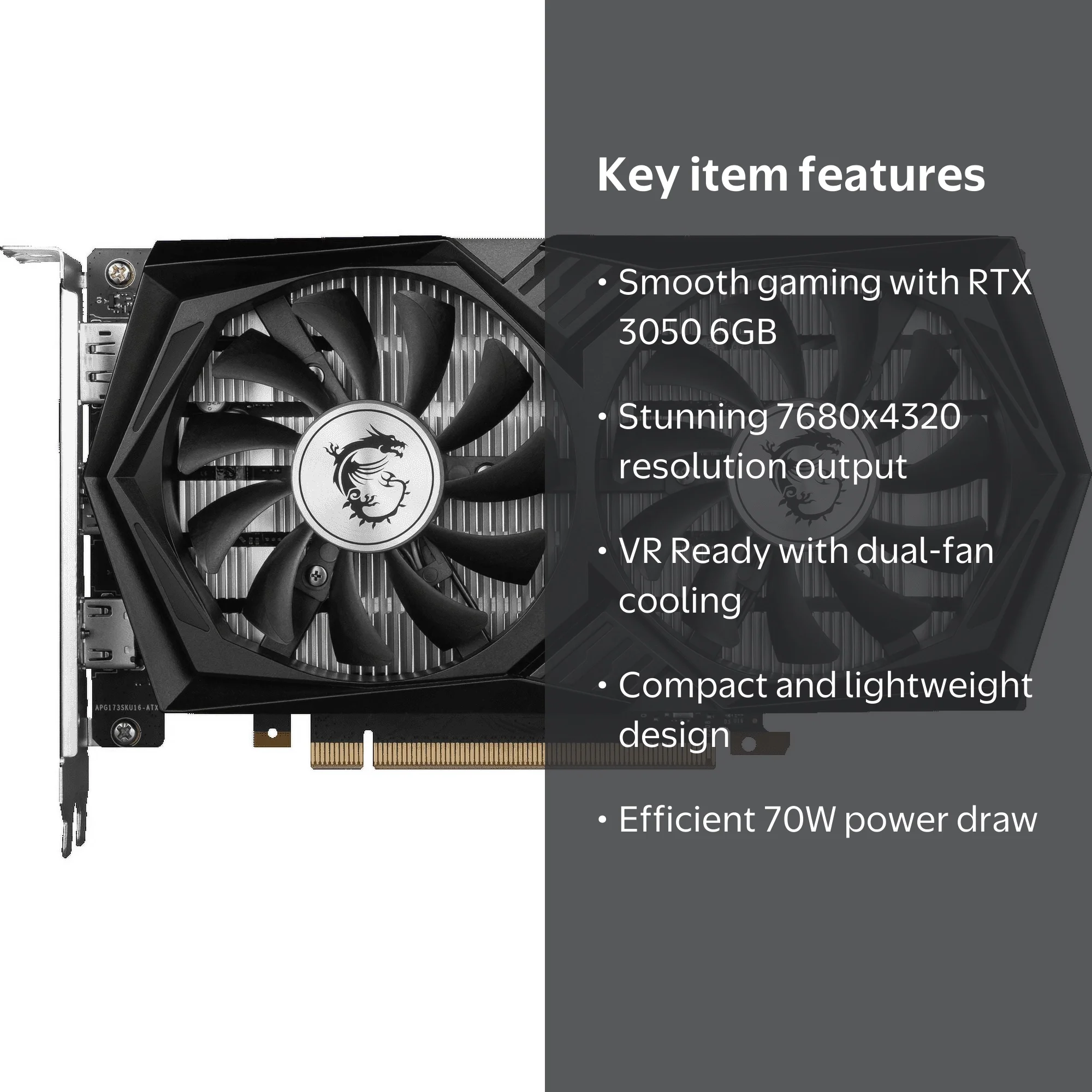 MSI, NVIDIA GeForce RTX 3050 Graphics Card, 6 GB GDDR6, VR Ready