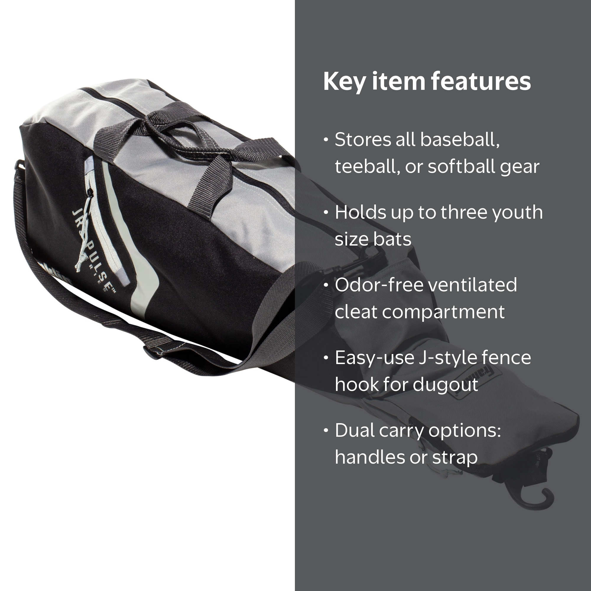 Franklin Sports Youth Baseball Bag, JR3 Kids Equipment Bag, Black