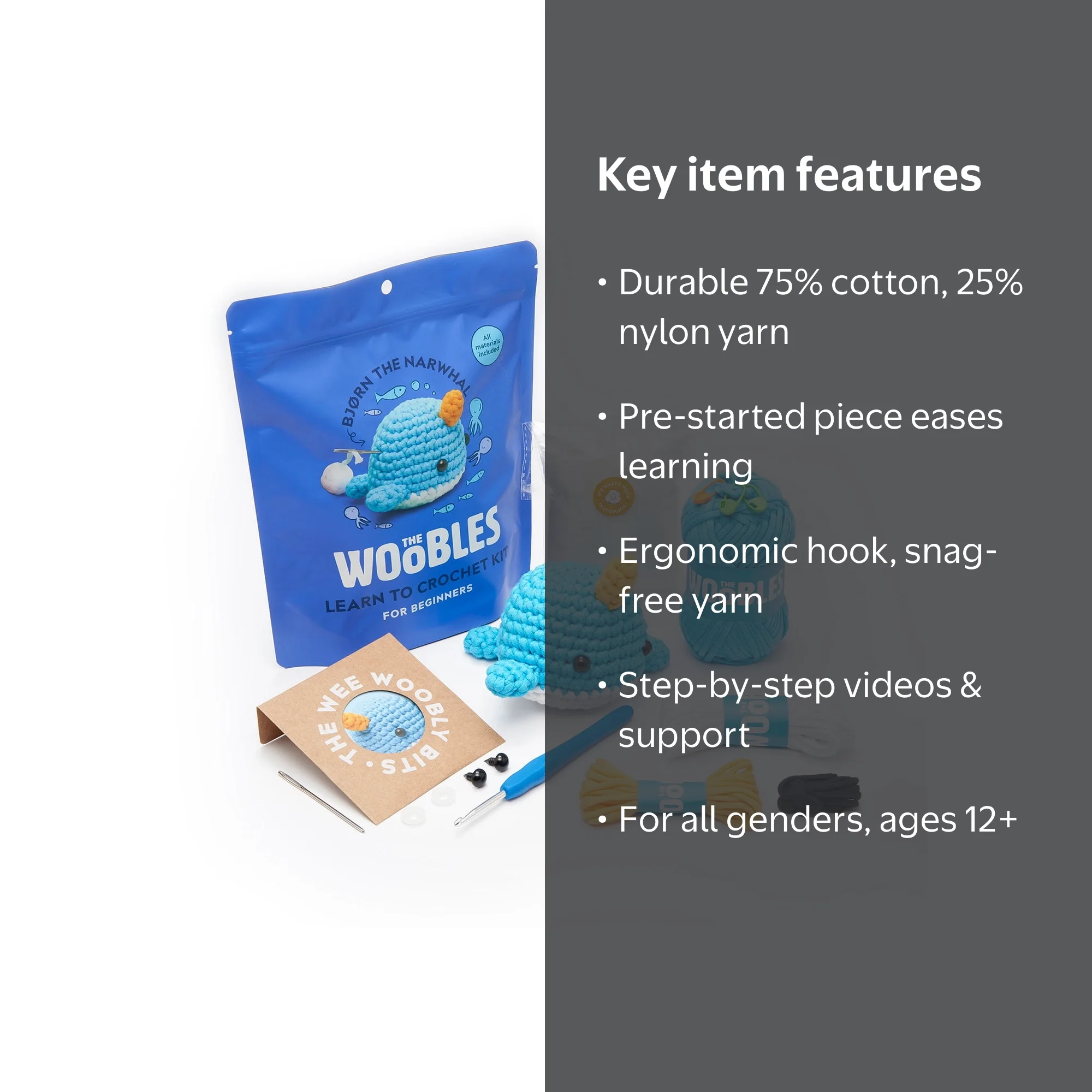 The Woobles, Beginner Crochet Kit, Narwhal the Whale, Amigurumi