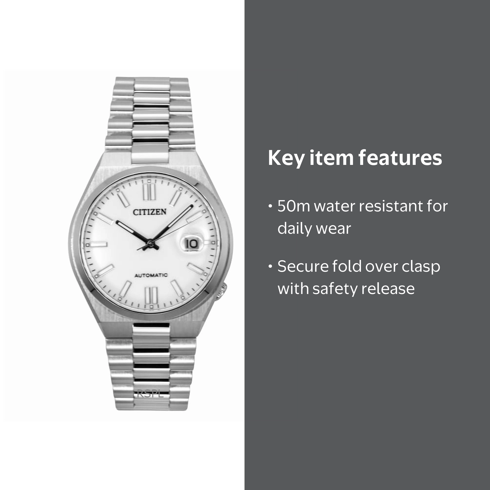 Citizen Automatic Wrist Watch, White Dial, Stainless Steel Band