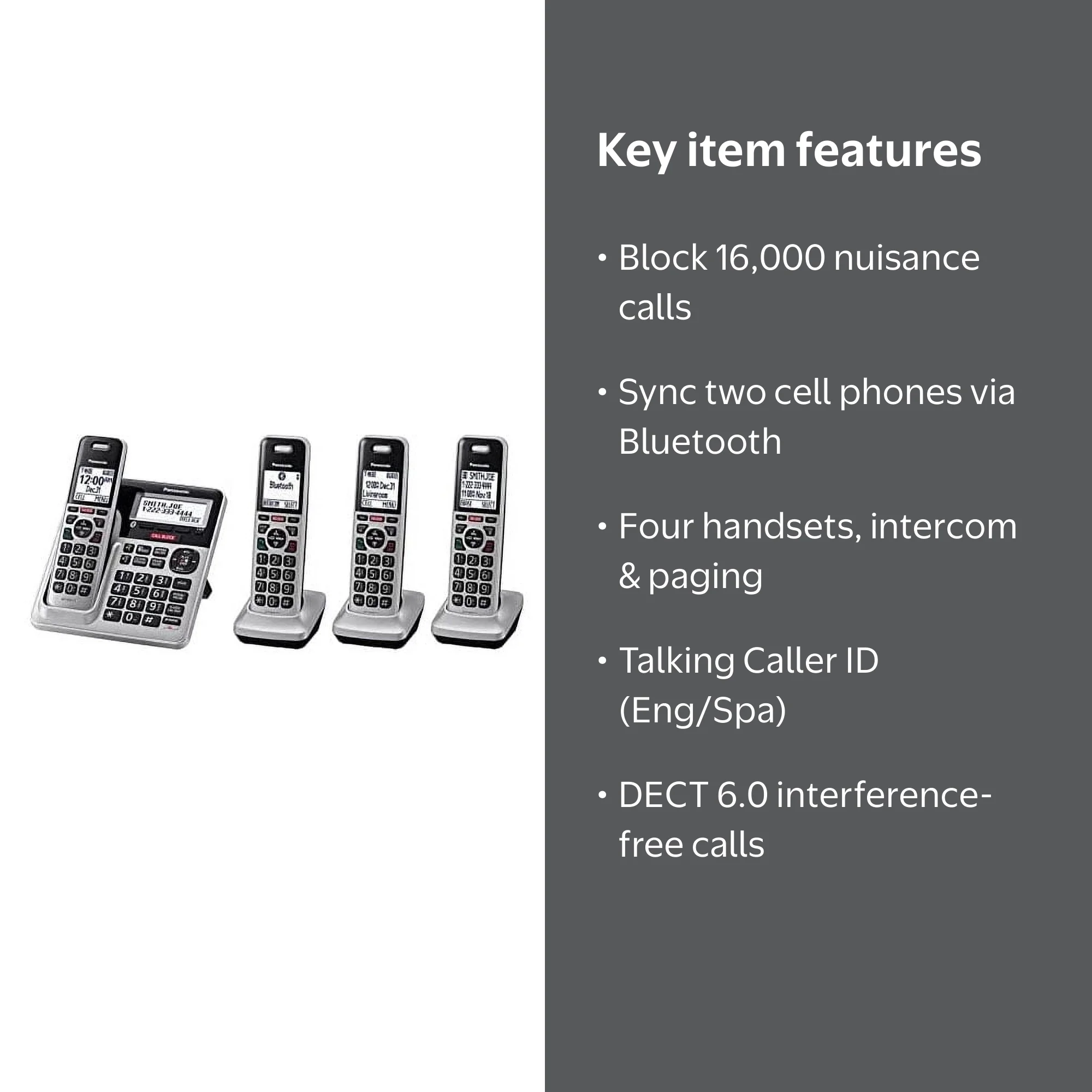 Panasonic KX-TG994 DECT 6.0 Cordless Phone, Gray, 4 Handsets, Wall
