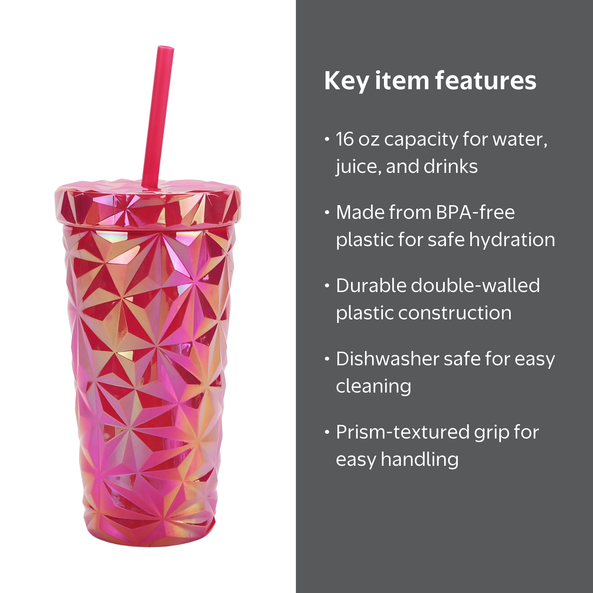 Your Zone Pink 16-Ounce Plastic Double Wall Insulated Textured
