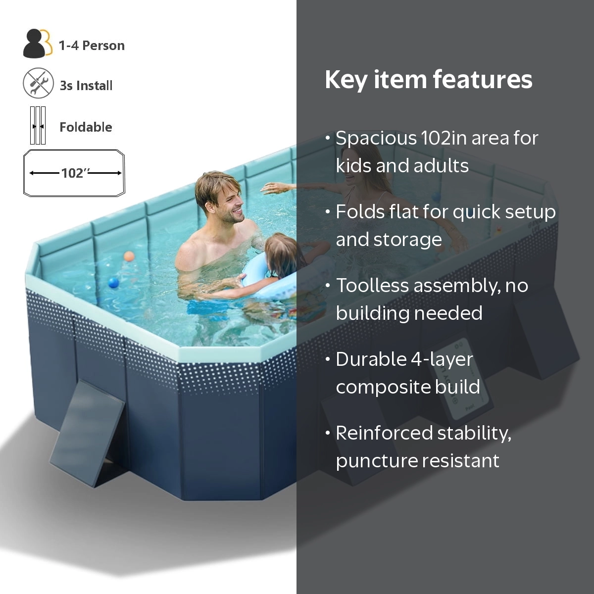 MONEHANE Foldable Outdoor Above Ground Pool 102in Blue with