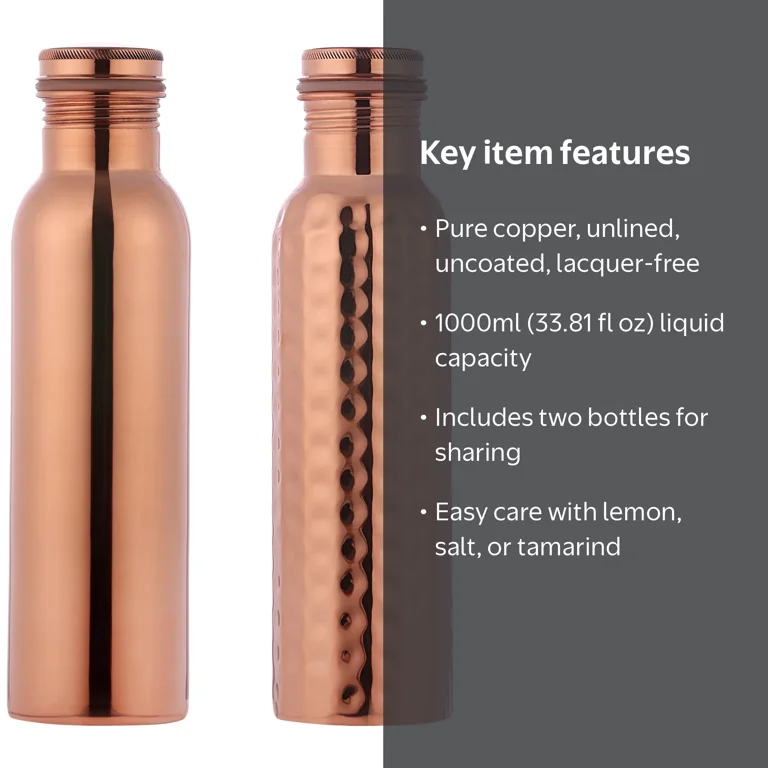 Set of 2 Pure Copper Water Bottles, UNLINED, UNCOATED and LACQURE