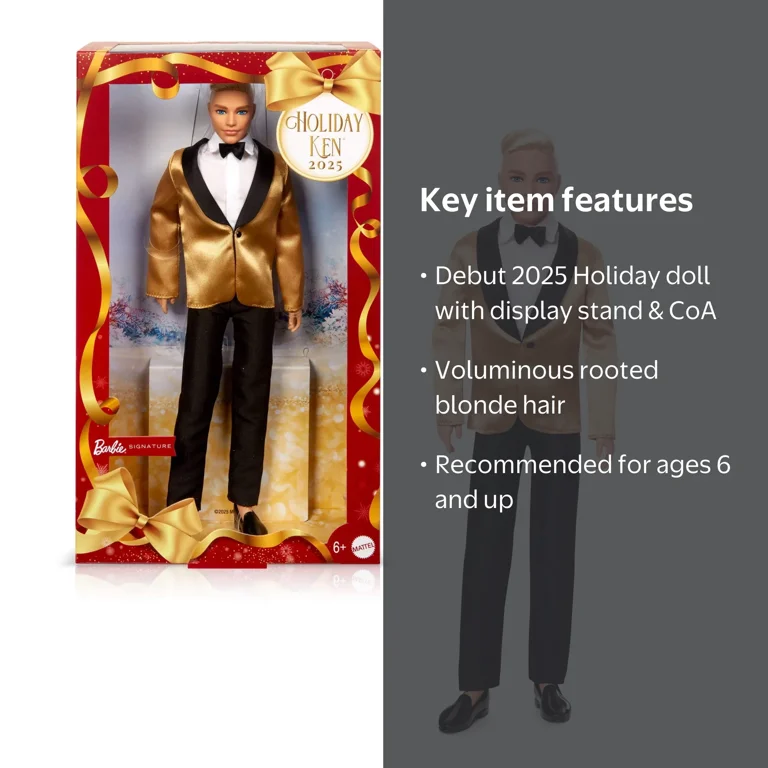KEN Barbie Signature 2025 Holiday Ken, Blonde Full Suit with Golden