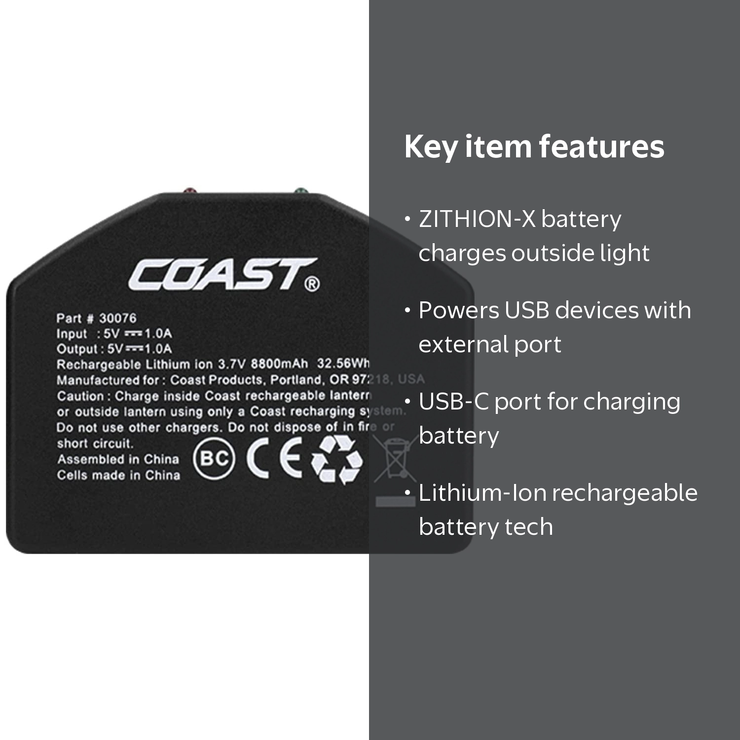 Coast ZX1010 Zithion-X USB Rechargeable Battery with Built-In USB