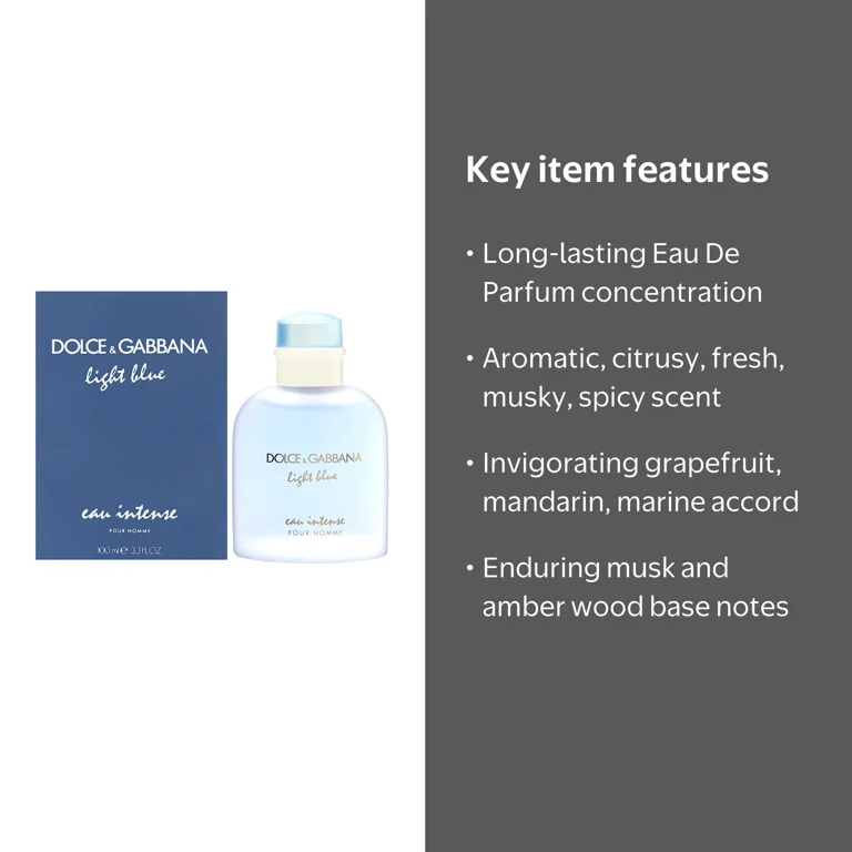 Dolce & Gabbana Light Blue Eau Intense for Men, 3.3 oz Eau de