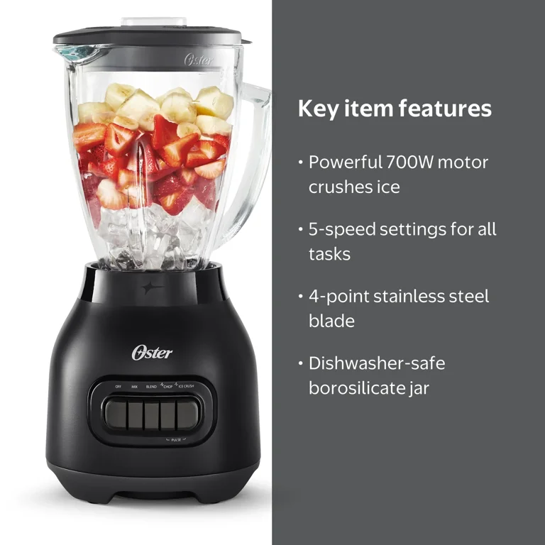 Oster 6-Cup Kitchen Blender with Glass Jar, Easy-to-Clean, Black