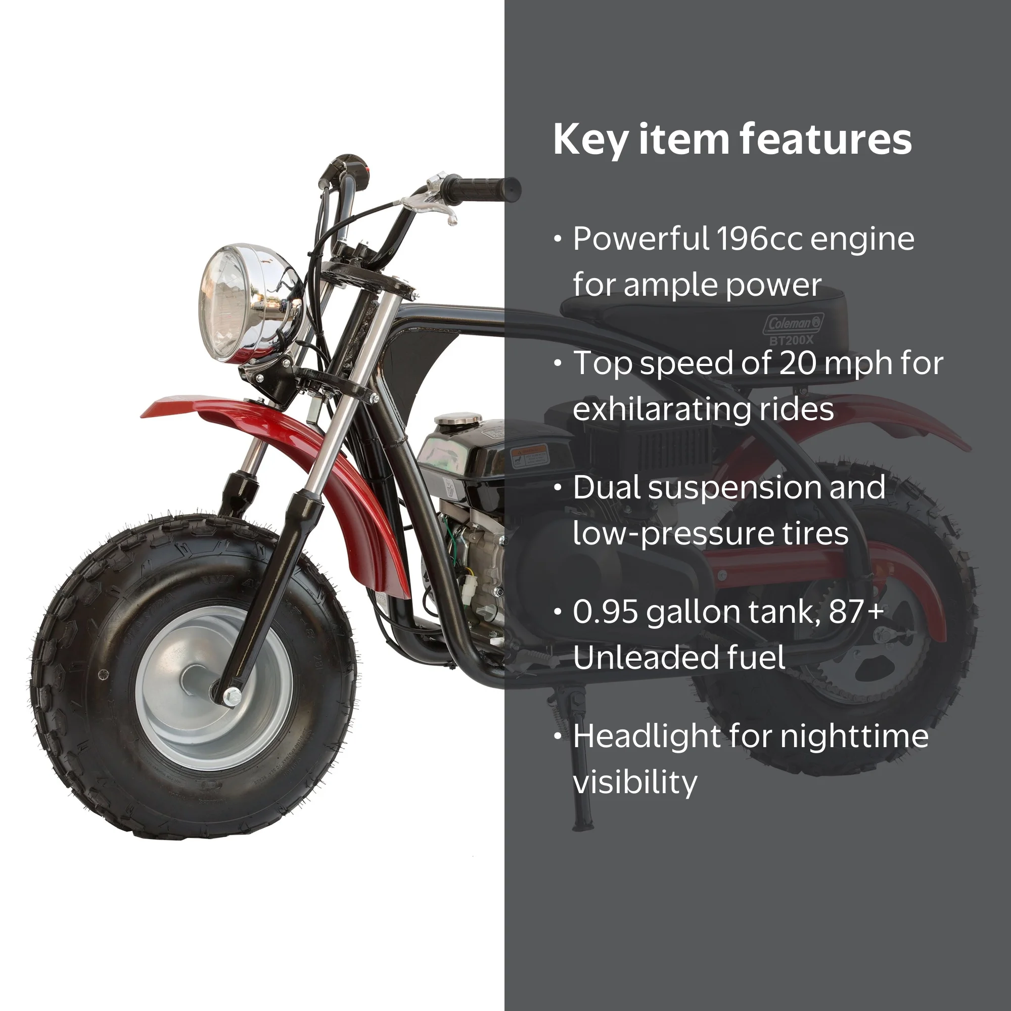 Coleman BT200X 196cc Gas Powered Mini Bike, Black/Red - Walmart.com Coleman BT200X 196cc Gas Powered Mini Bike, Black/Red - Walmart.com