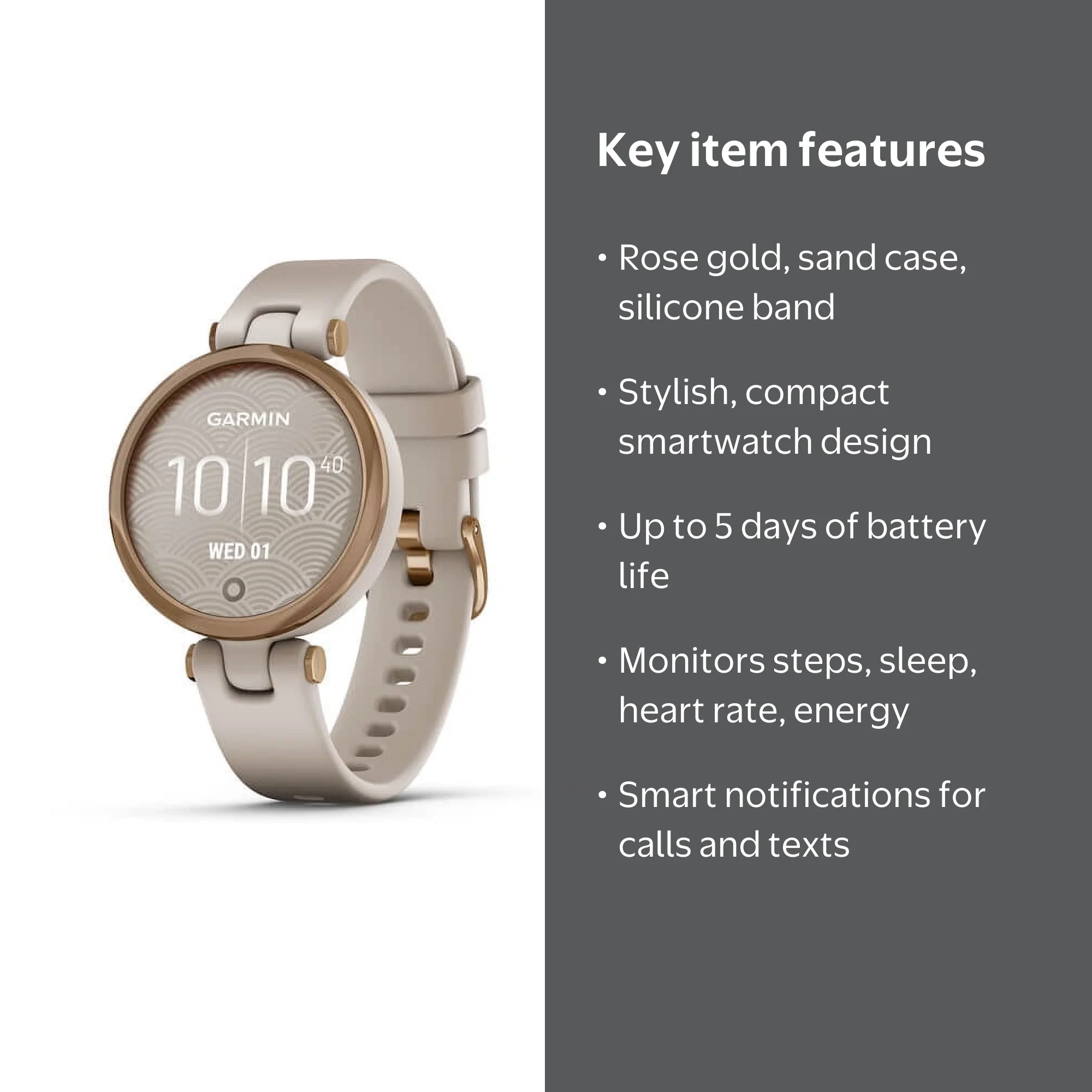 Garmin Lily™ Fitness Smartwatch, Rose Gold Bezel, Light Sand Case