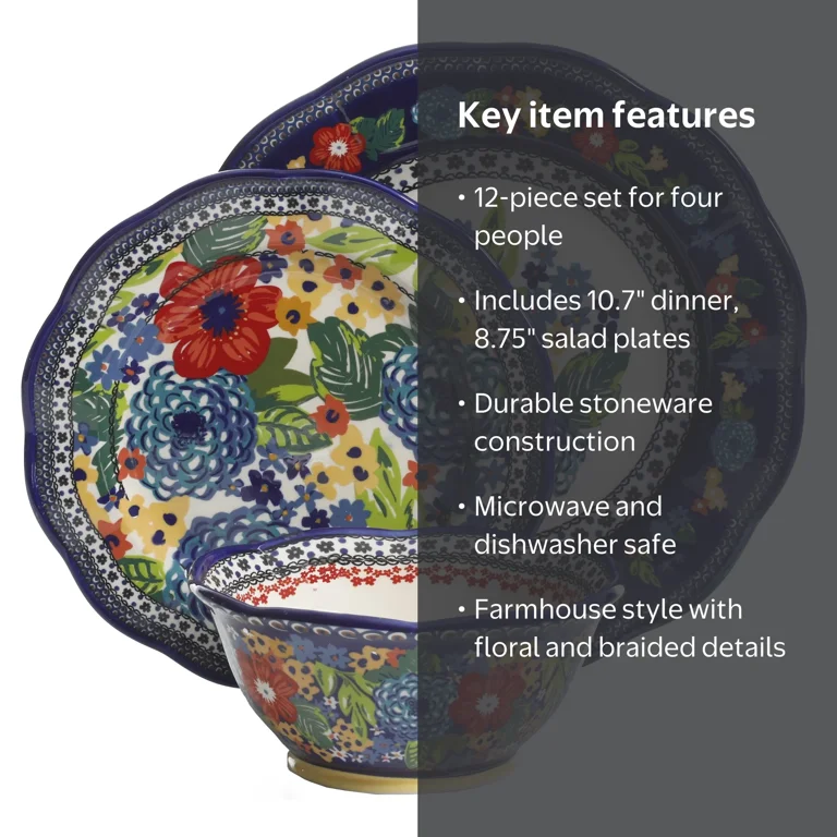 The Pioneer Woman Dazzling Dahlias 12-Piece Dinnerware Set, Cobalt