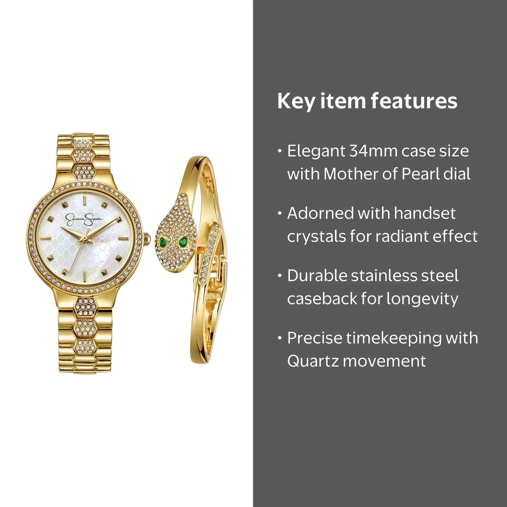 Jessica Simpson Ladies 34mm Gold Tone Crystal Accent Mother Of