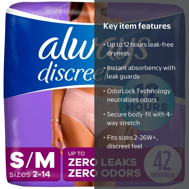 Always Discreet Adult Incontinence Underwear for Women, Size S/M