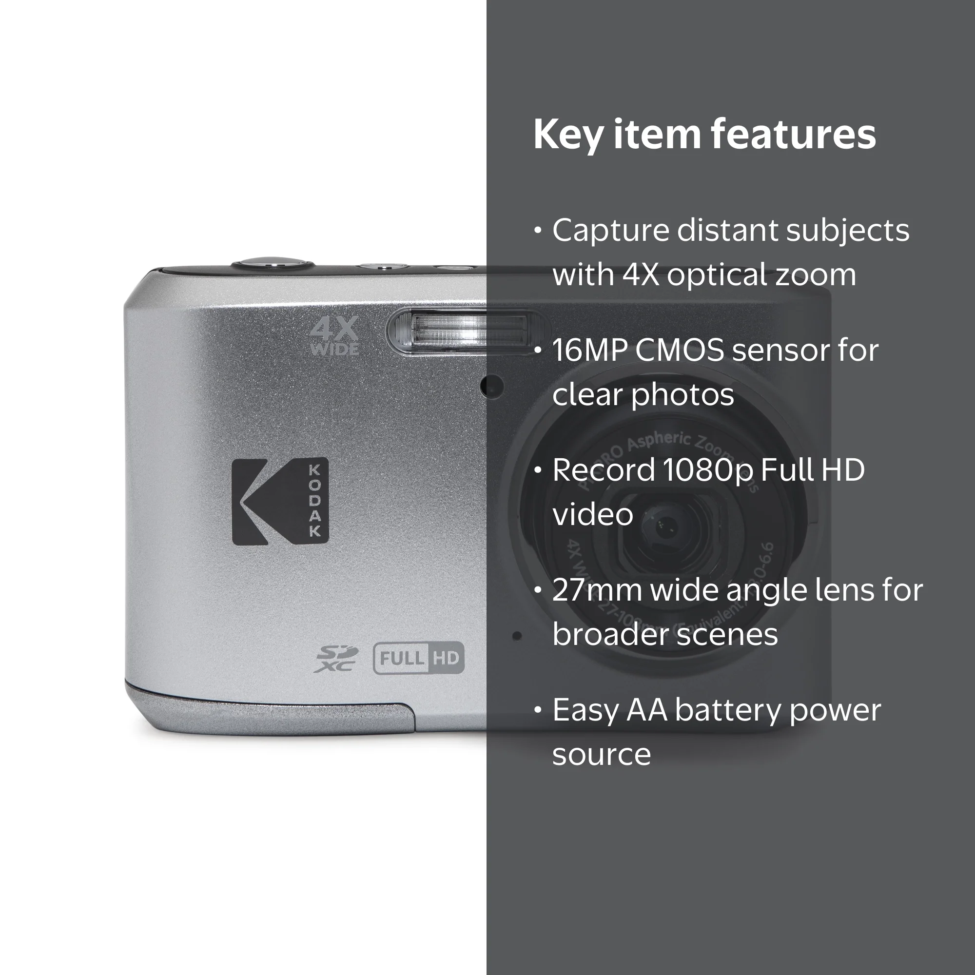 KODAK PIXPRO FZ45-SL (Silver) 4X Optical Friendly Zoom Digital
