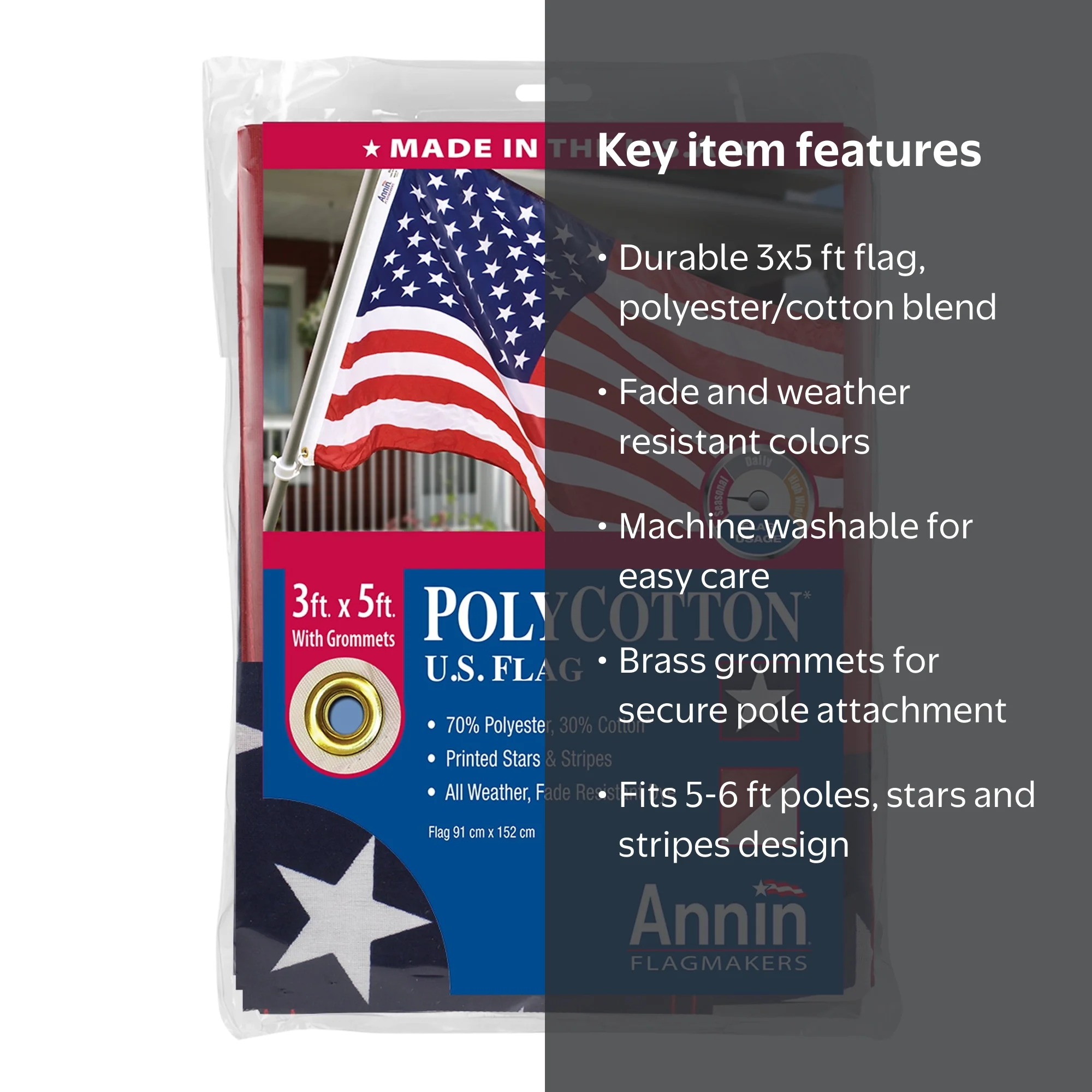 Annin Flagmakers American Polycotton Flag, 3'x5', Brass Grommets