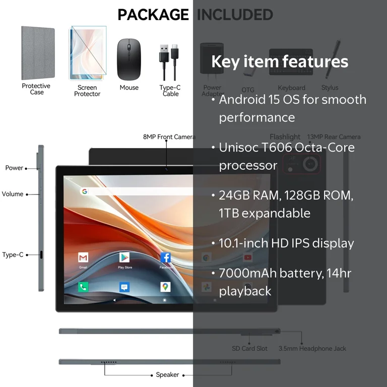 Android 15 Tablet,10 Inch Android Tablet,128GB+8GB+1TB Expand,5G