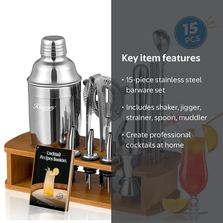 Kitessensu, Cocktail Shaker Set, 15Pcs Stainless Steel Bar Kit, Silver