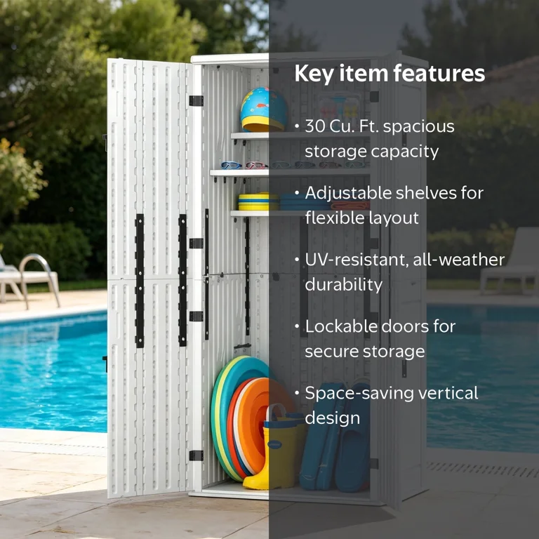 ZYJOYY, Outdoor Storage Cabinet, 30 Cu ft, White Waterproof Resin
