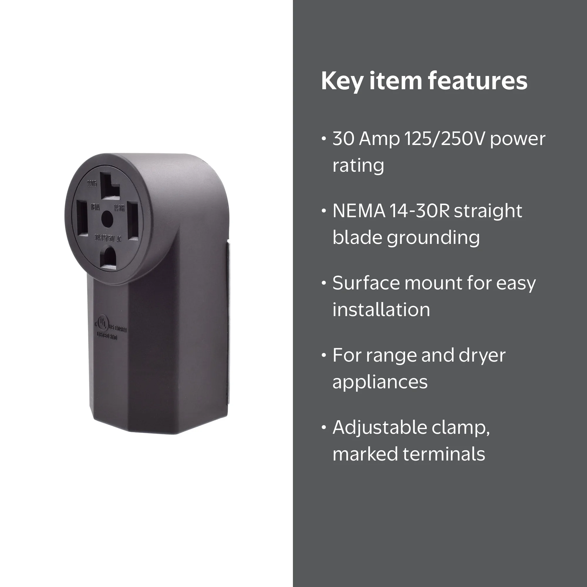 30 Amp 125/250V, NEMA 14-30R Surface Mount Power outlet, Straight