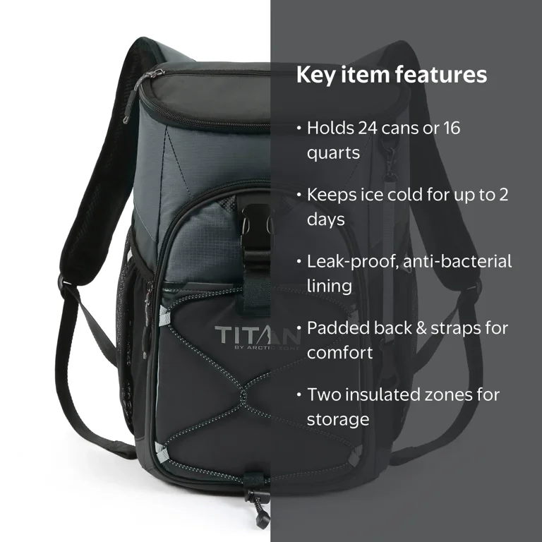 Titan by Arctic Zone 24 Can Backpack Cooler, 16 Quart, Basalt Gray
