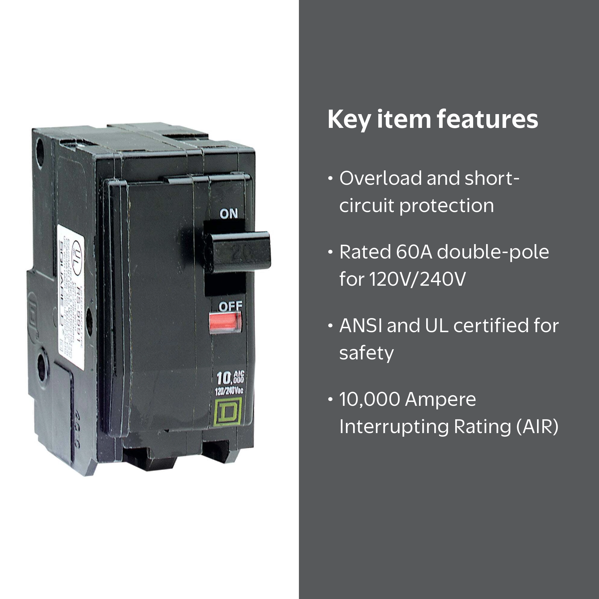 Square D QO 60A Double Pole Circuit Breaker, 120V/240V, Overload