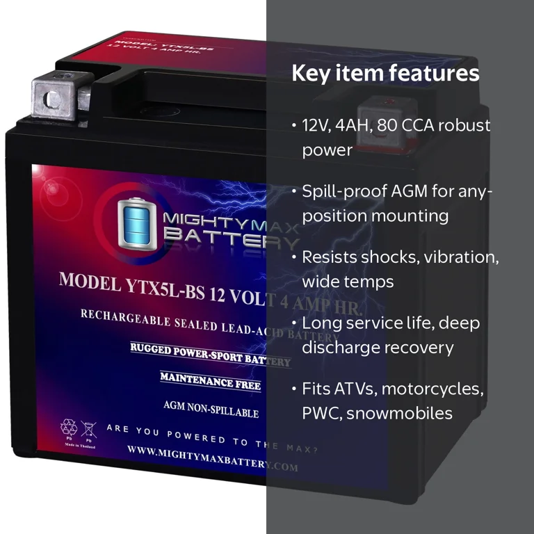 Mighty Max Battery, YTX5L-BS Sealed AGM Rechargeable Battery, 12V