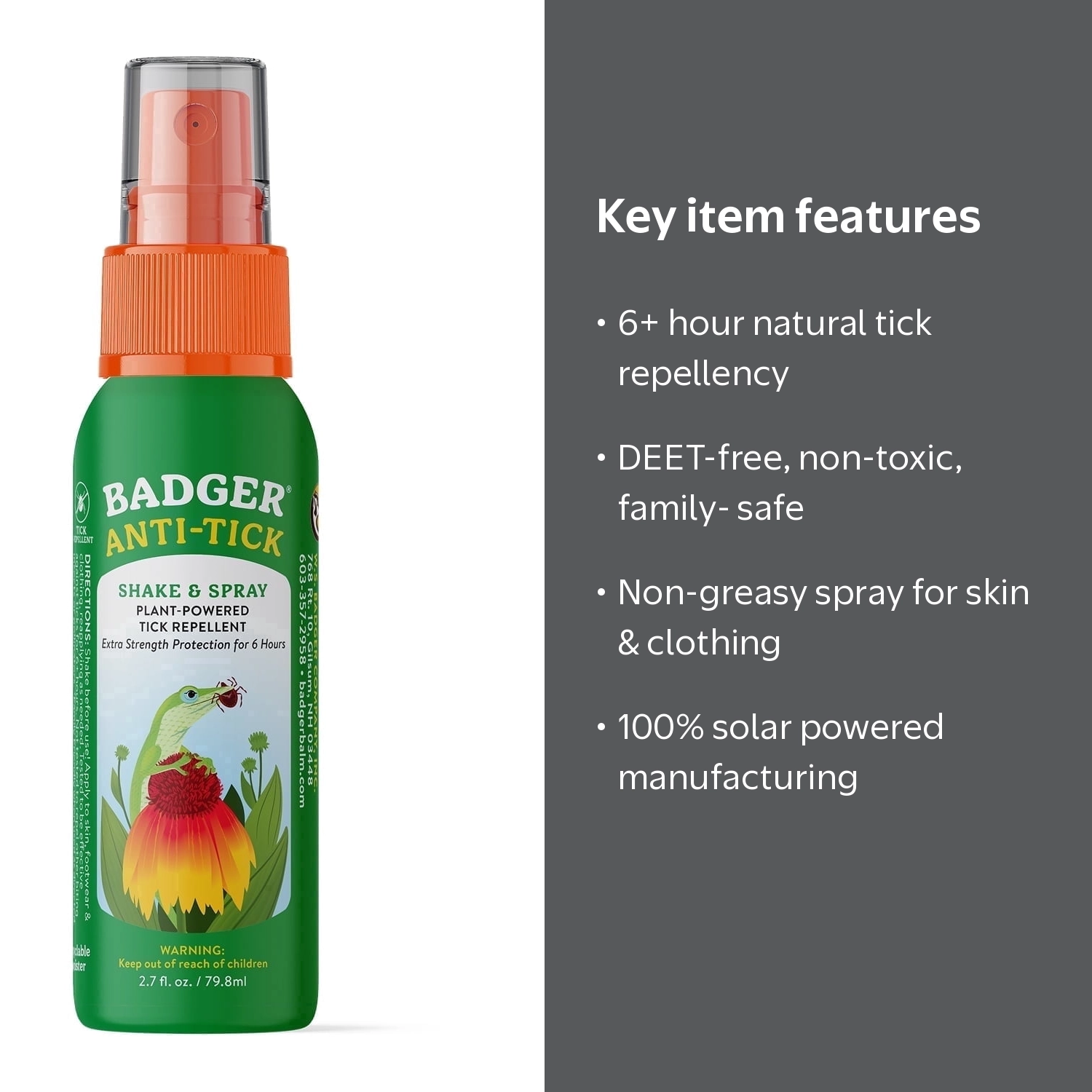 Badger, Anti-Tick Spray, 2.7 oz, Natural Insect Repellent