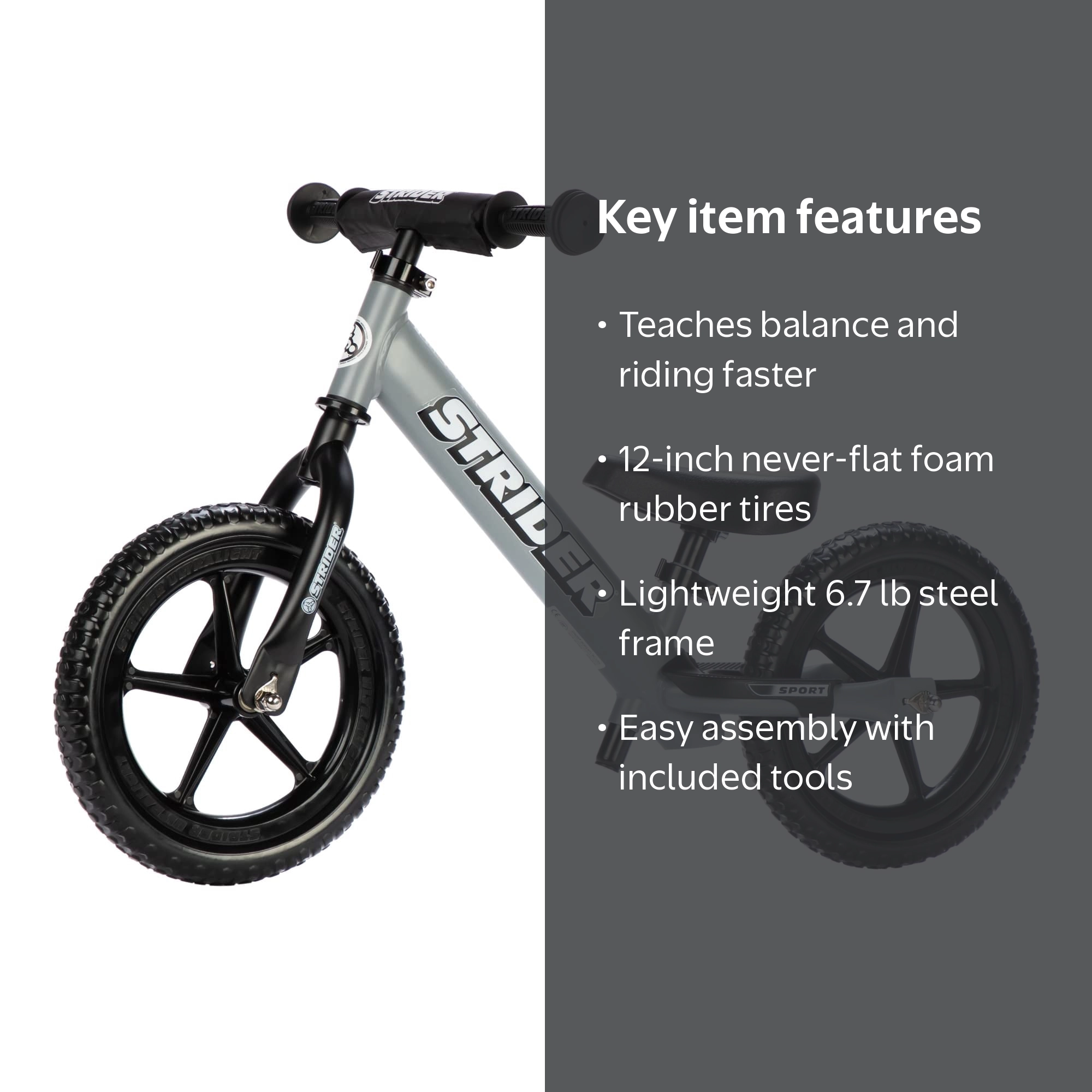 Strider 12‚Äù Sport Balance Bike, Matte Gray, Kids 1-4 Years, No
