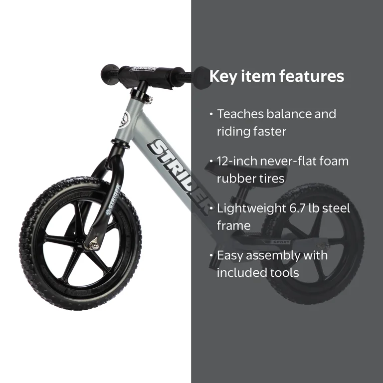 Strider 12‚Äù Sport Balance Bike, Matte Gray, Kids 1-4 Years, No