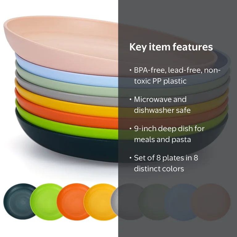 ReaNea 9 Inch Deep Plastic Plates Set 8 Pieces Unbreakable