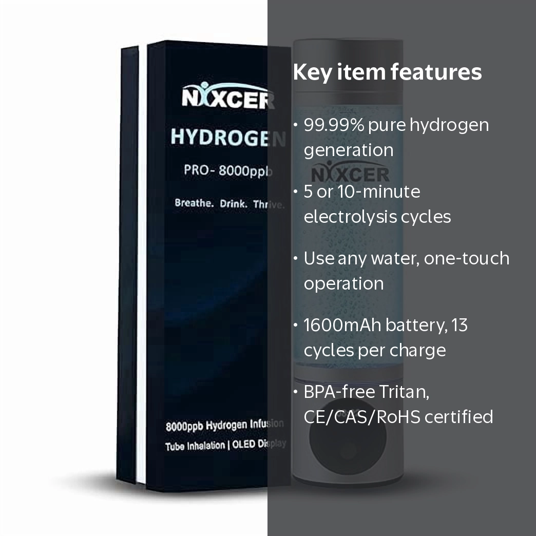 Nixcer Hydrogen Pro Water Bottle, 8000PPB H2, OLED, SPE/PEM Tech