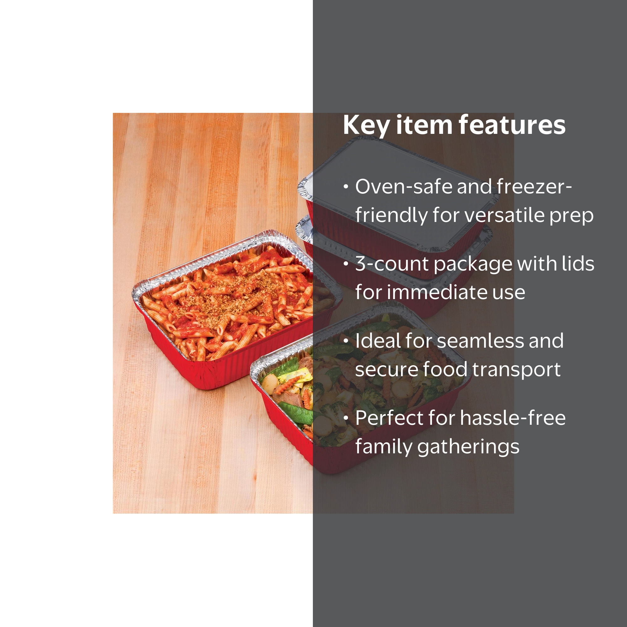 Handi-Foil Aluminum Oblong Meal Prep Pan Red with Folded Lids, 3